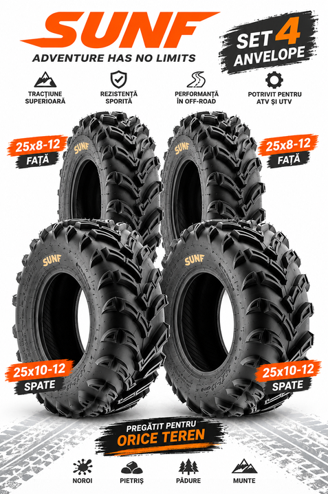 Set 4 Anvelope ATV SUNF A024 25x8-12 + 25x10-12 6PR – Noroi și Zăpadă
