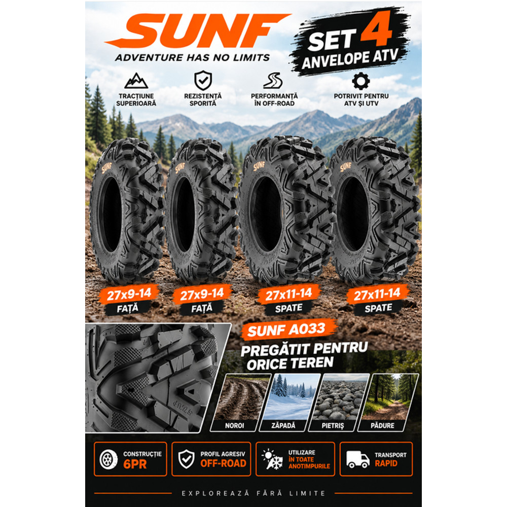 Set 4 Anvelope ATV SUNF A033 27x9-14 + 27x11-14 6PR – Noroi și Zăpadă