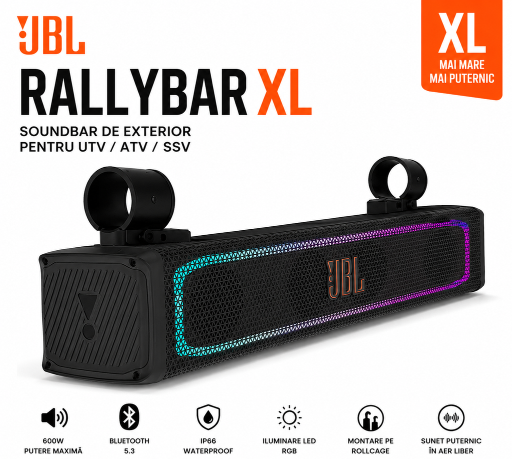 Soundbar UTV JBL RallyBar XL 600W cu prindere pe roll-cage